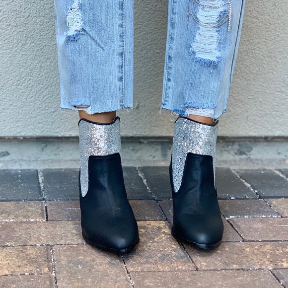 Black/Silver Glitter Embellished Ankle Booties - Picture 2 of 8